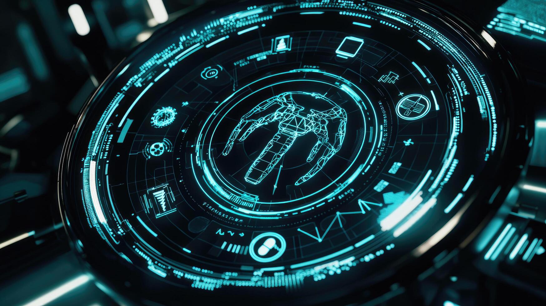 Futuristic Circular HUD Interface with Glowing Blue Humanoid Figure and Intricate Data Visualizations for Science and Technology photo