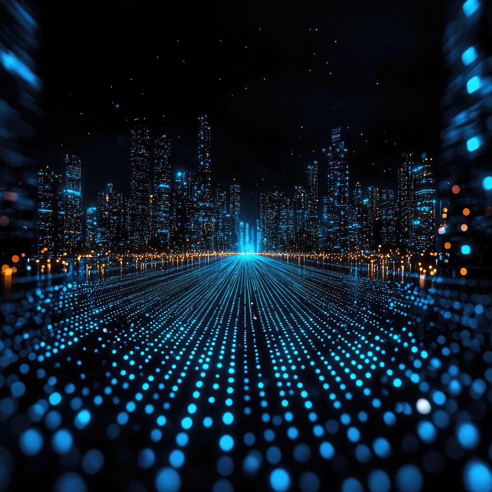 Futuristic Cityscape at Night with Data Streams, Digital Network, and Glowing Urban Skyline in Abstract Design. photo