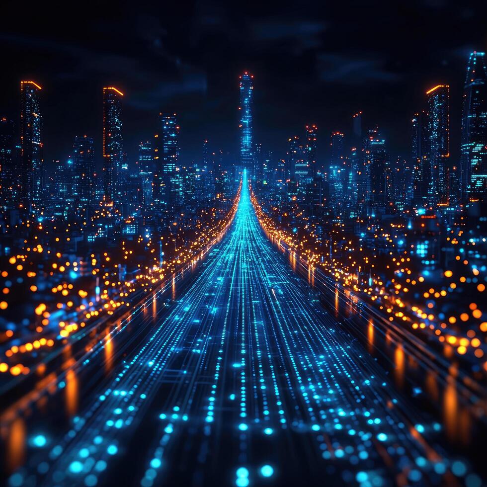 Futuristic Cityscape at Night with Data Stream Digital Technology, Connectivity, and Innovation, Glowing Cyberpunk Vibe. photo