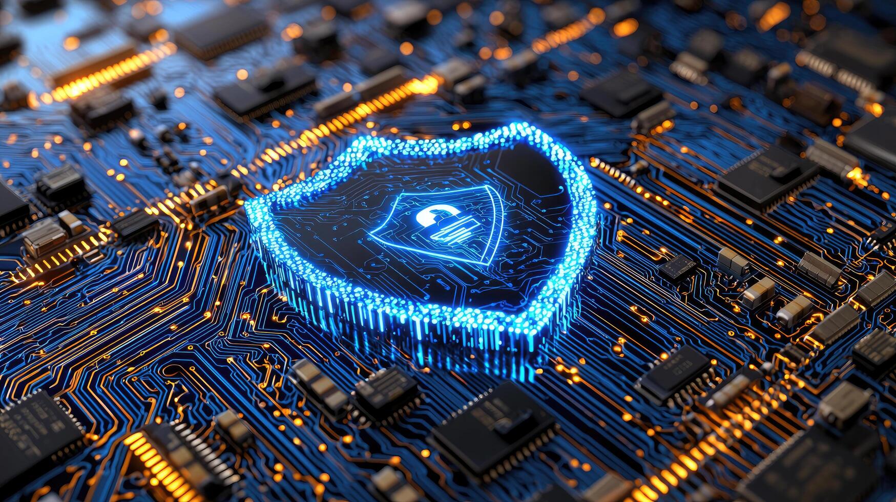 Futuristic Cyber Security Shield on Circuit Board for Data Protection and Digital Network Safety photo