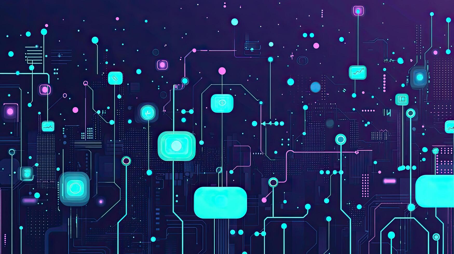 Futuristic Cybernetic Network Glowing Circuit Board with Connected Nodes, Technology Abstract, Data Flow, Artificial Intelligence. photo