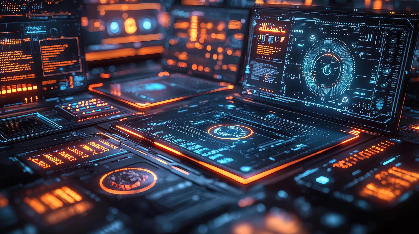 Futuristic Cybernetic Network Interface with Data Streams and Complex Technology Displaying Advanced High Tech System. photo