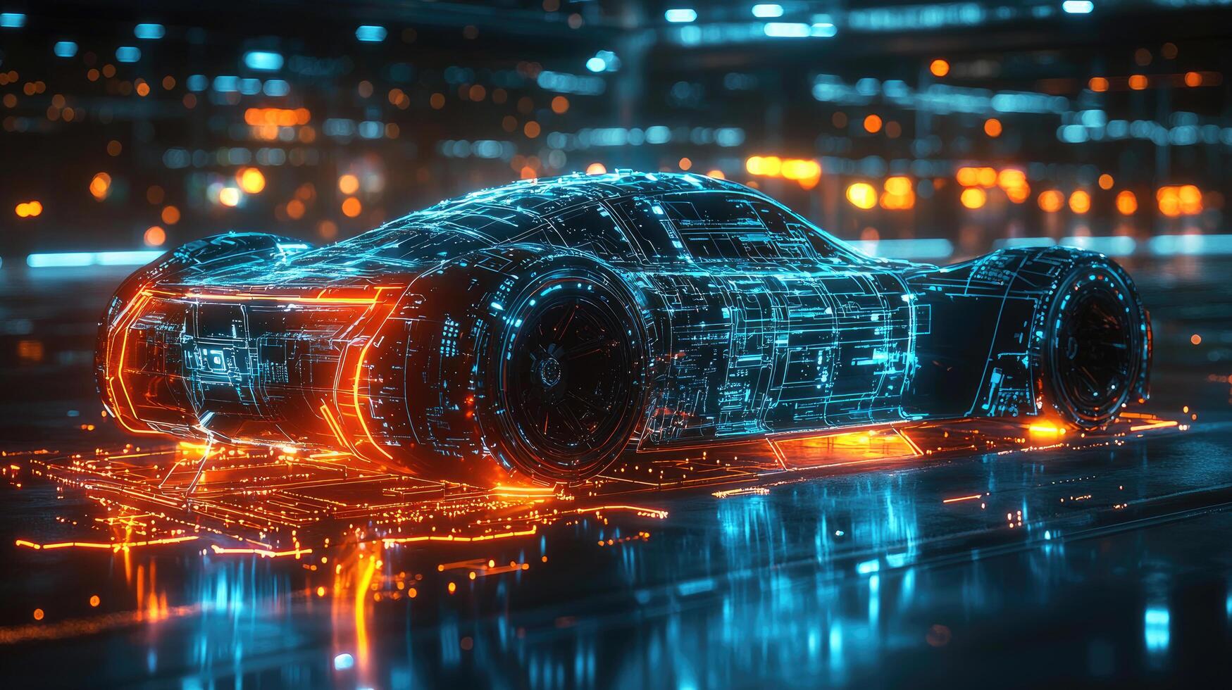 Futuristic Cyberpunk Car Blueprint Design with Glowing Neon Lights and Circuit Details on Dark Abstract Background. photo