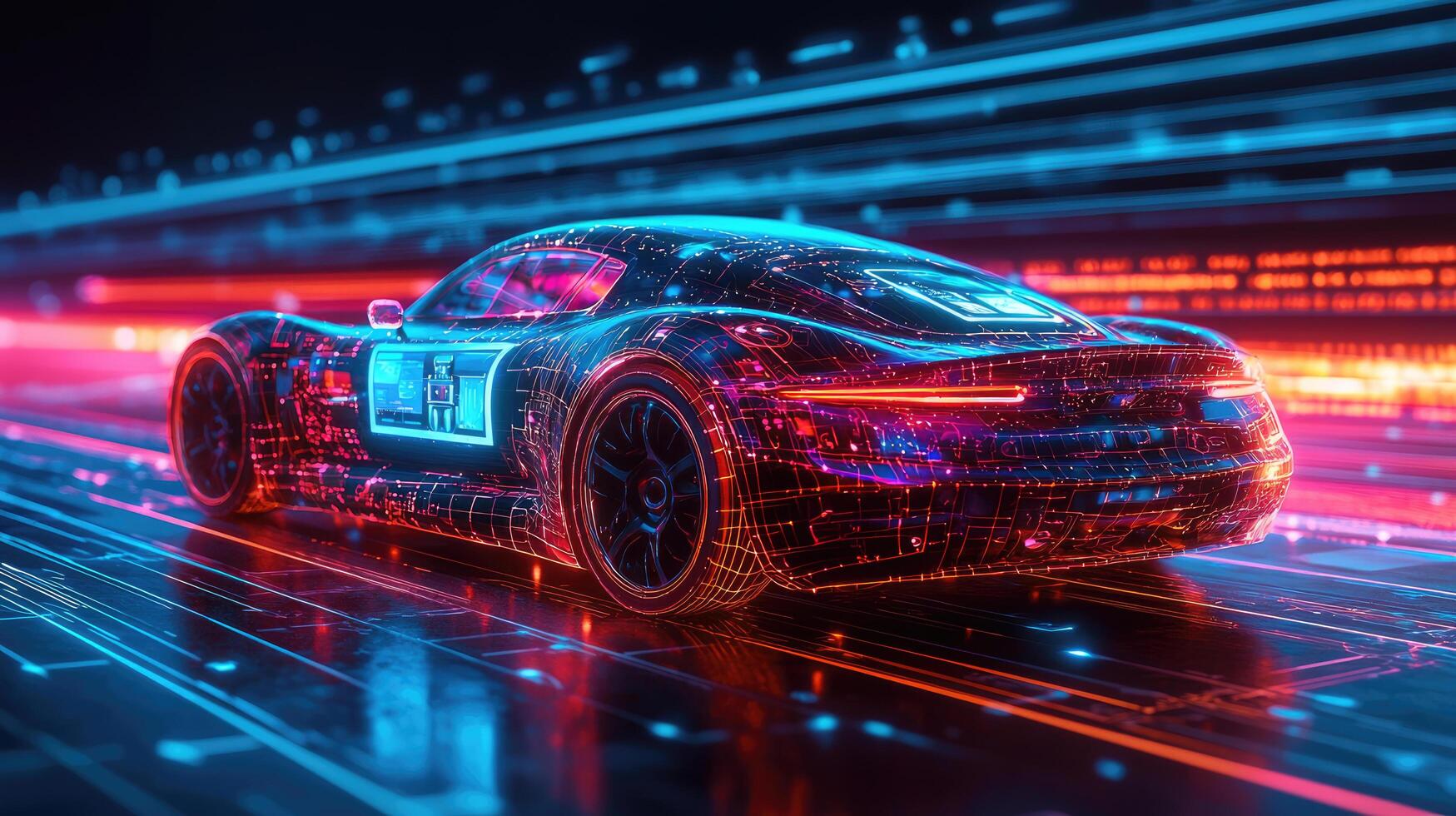 Futuristic Cyberpunk Car Concept Art with Neon Lights and Data Stream Background, HighTech Automotive Design photo
