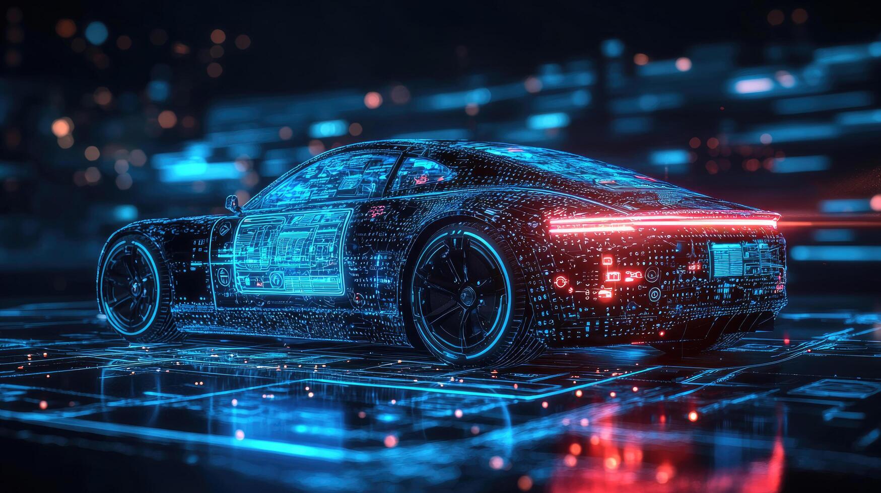 Futuristic Cyberpunk Car Design with Intricate Circuit Details and Neon Accents on Dark Background. photo
