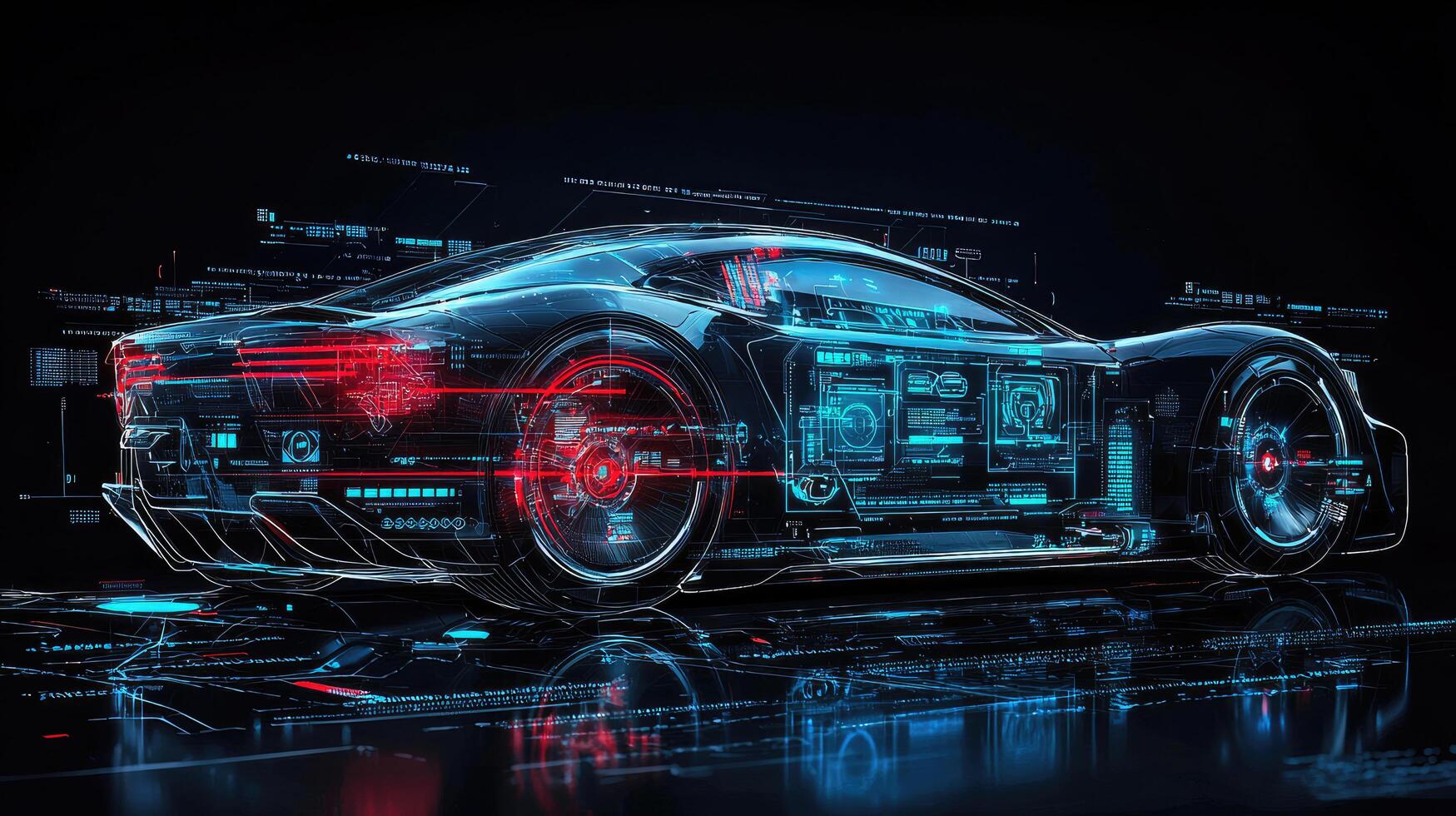 Futuristic Cyberpunk Car Design with Neon Data Overlay and Reflections on a Dark Surface, HiTech Concept. photo