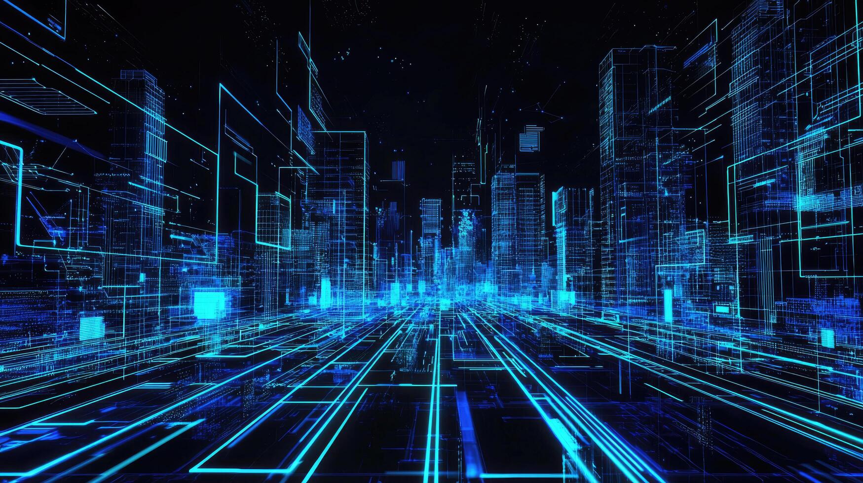 Futuristic Cyberpunk Cityscape with Glowing Blue Grid Lines, Digital Technology Background Illustration, Abstract HighTech Urban Design photo