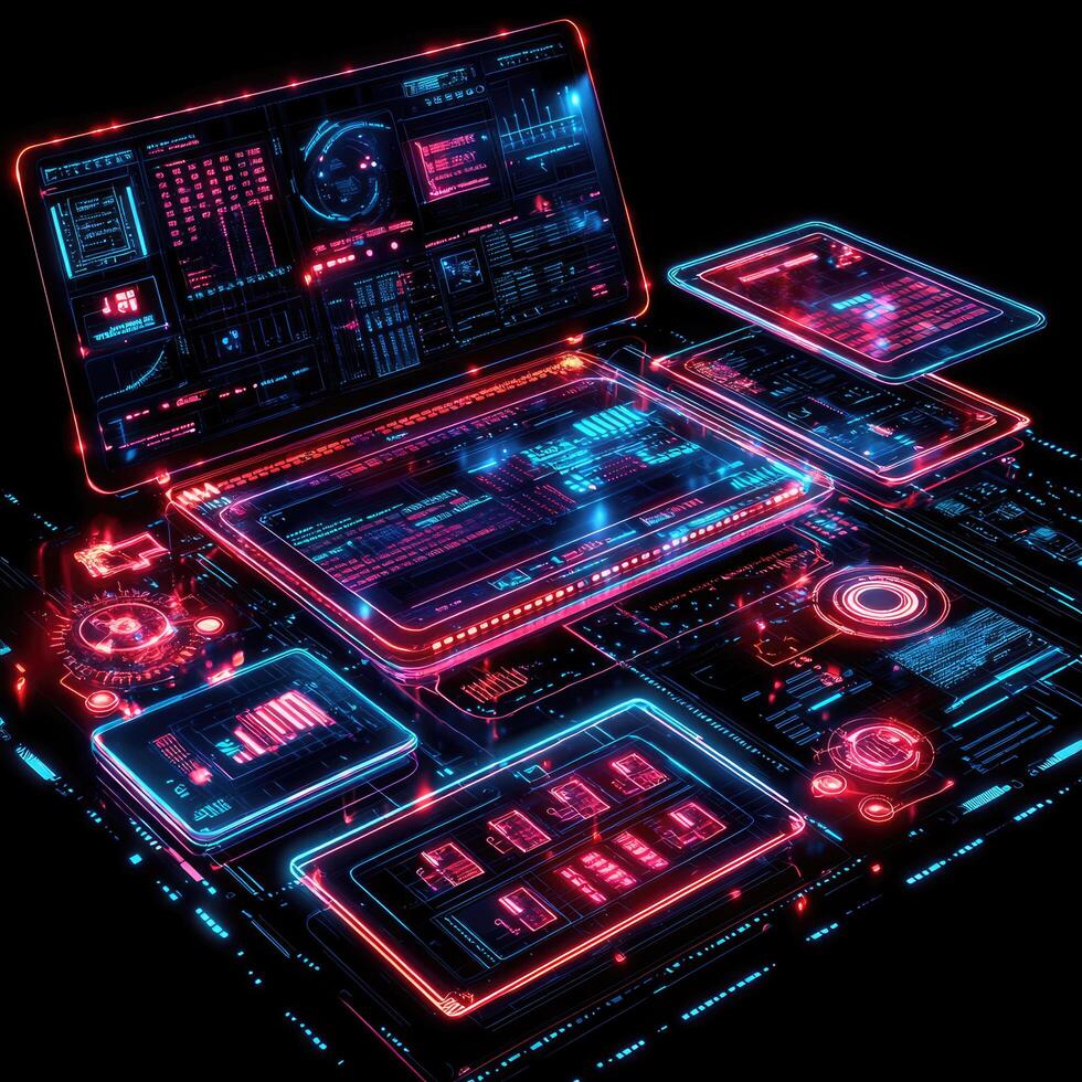 Futuristic Cyberpunk Data Display with Glowing Neon Lines, Information Interface, System Monitoring, and Complex Network Visualizations on Black photo