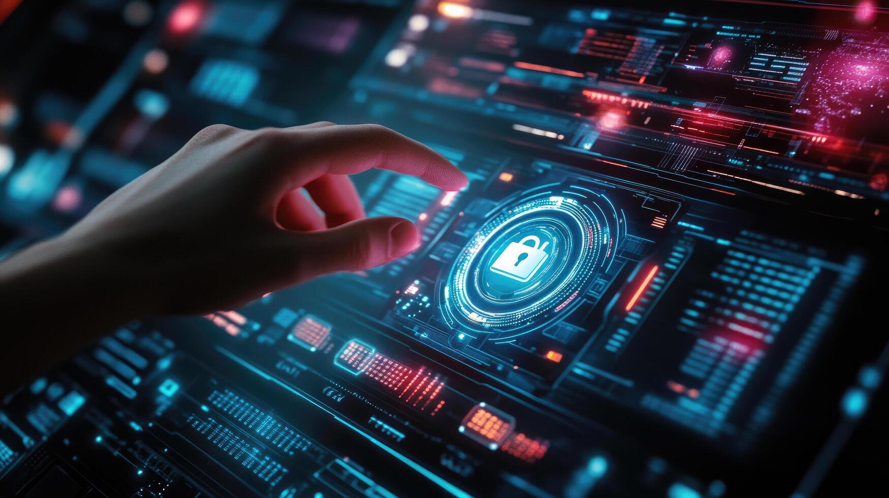 Futuristic Cybersecurity Hand Interacting with Holographic Interface Featuring Lock Symbol for Data Protection and Network Security. photo
