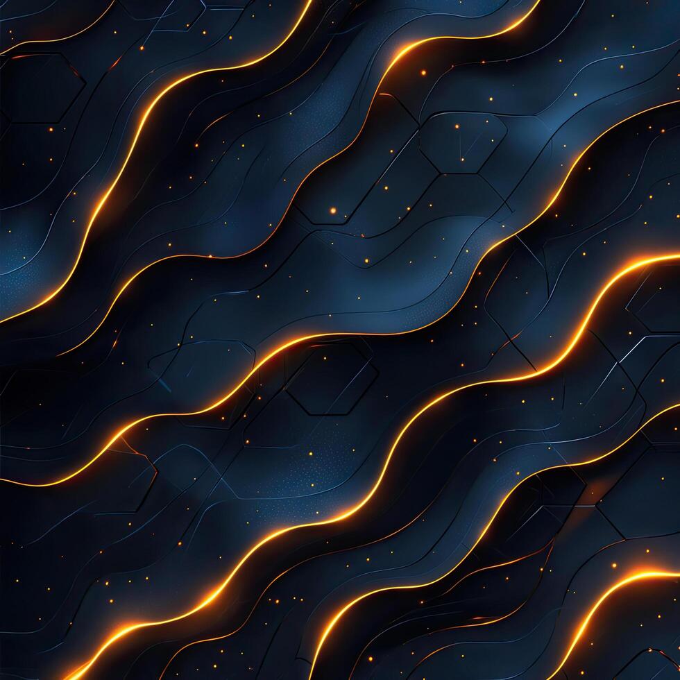 Futuristic Dark Blue Abstract Background with Glowing Orange Lines and Particles, Technological Design Element. photo