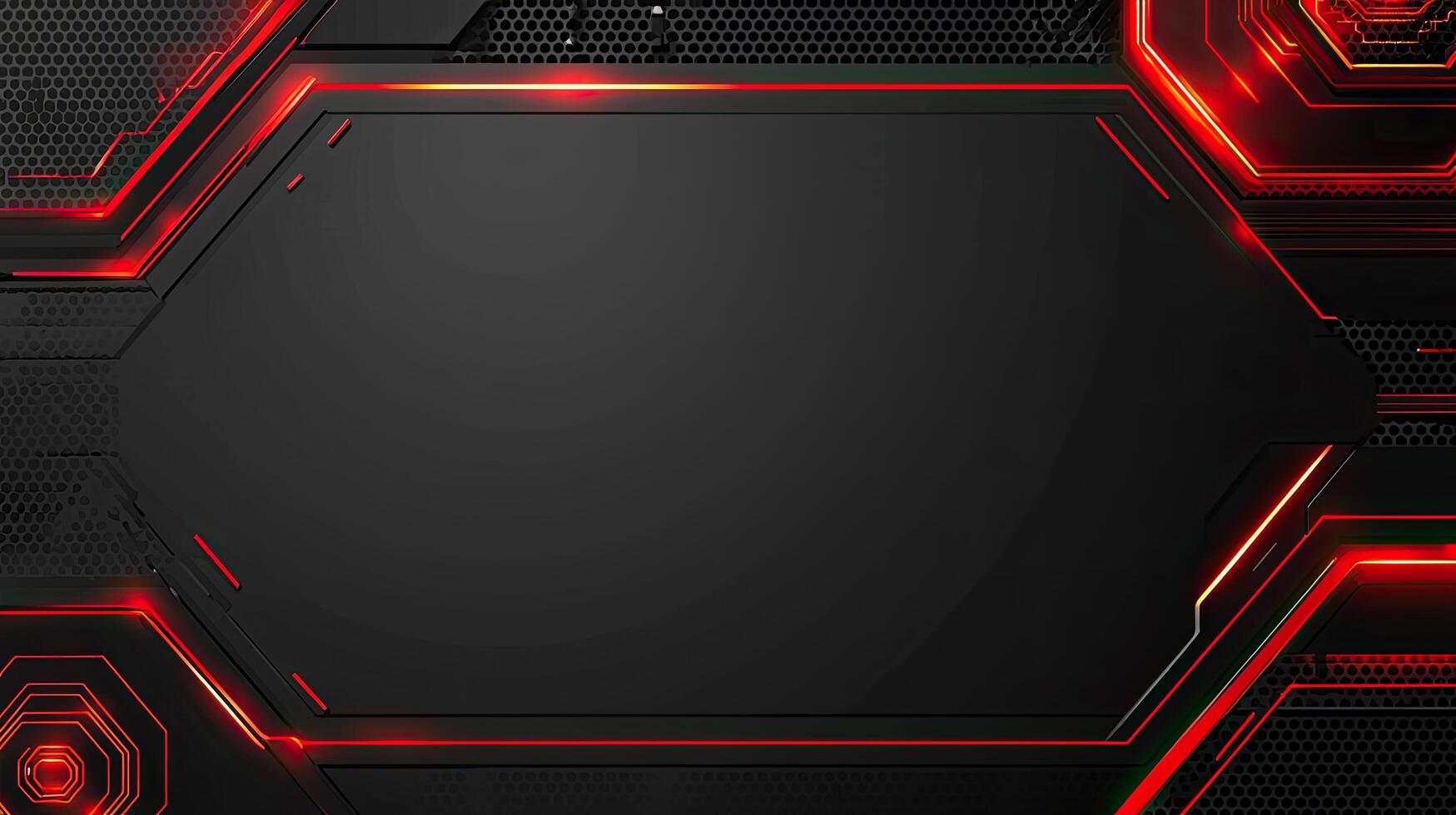 Futuristic Dark Metallic Background with Red Glowing Lines, Geometric Shapes, and Perforated Metal Details, Cyberpunk Style photo