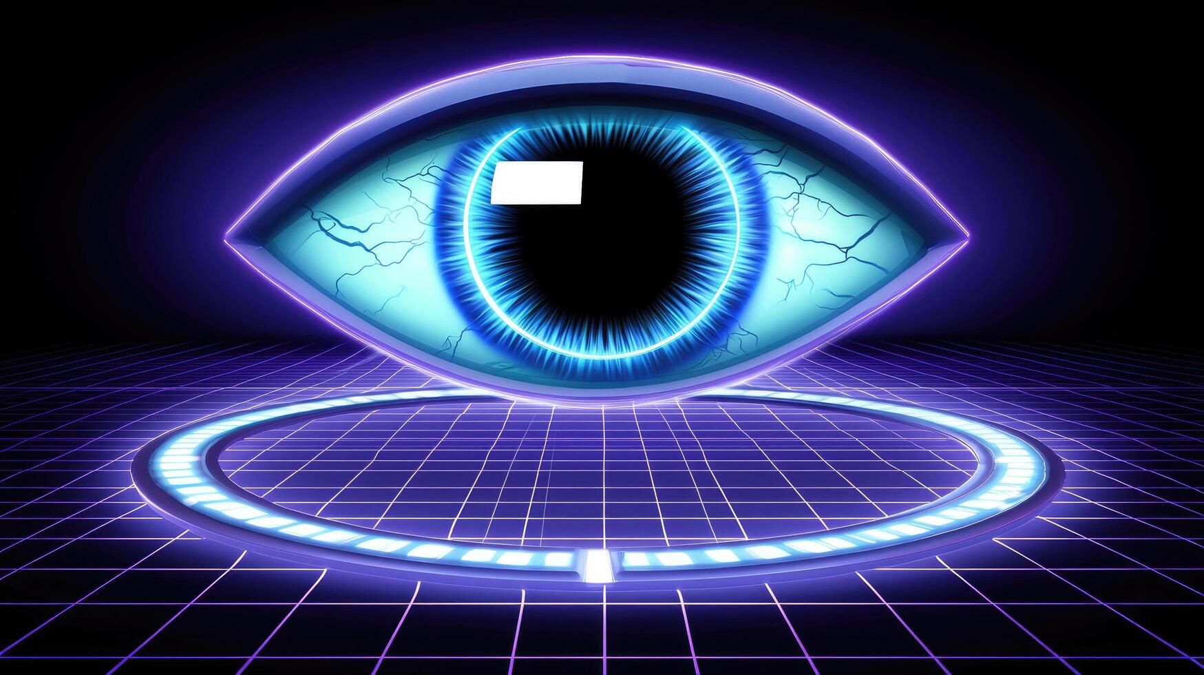 Futuristic Eye Surveillance Technology with Neon Grid Background and Glowing Circle, Cyber Security Concept photo