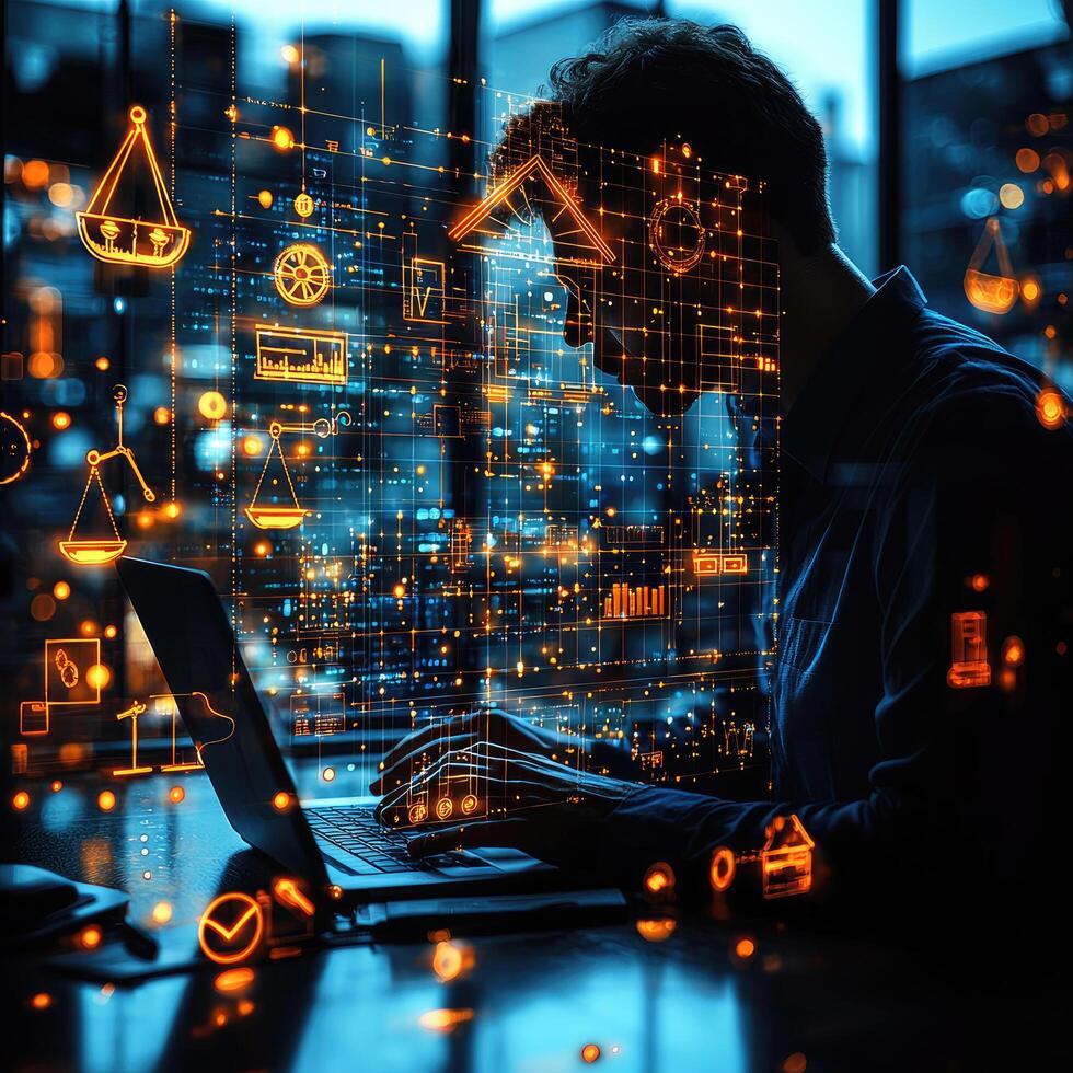 Futuristic Finance and Law Man Working on Laptop with Data Visualization and Digital Legal Icons. photo