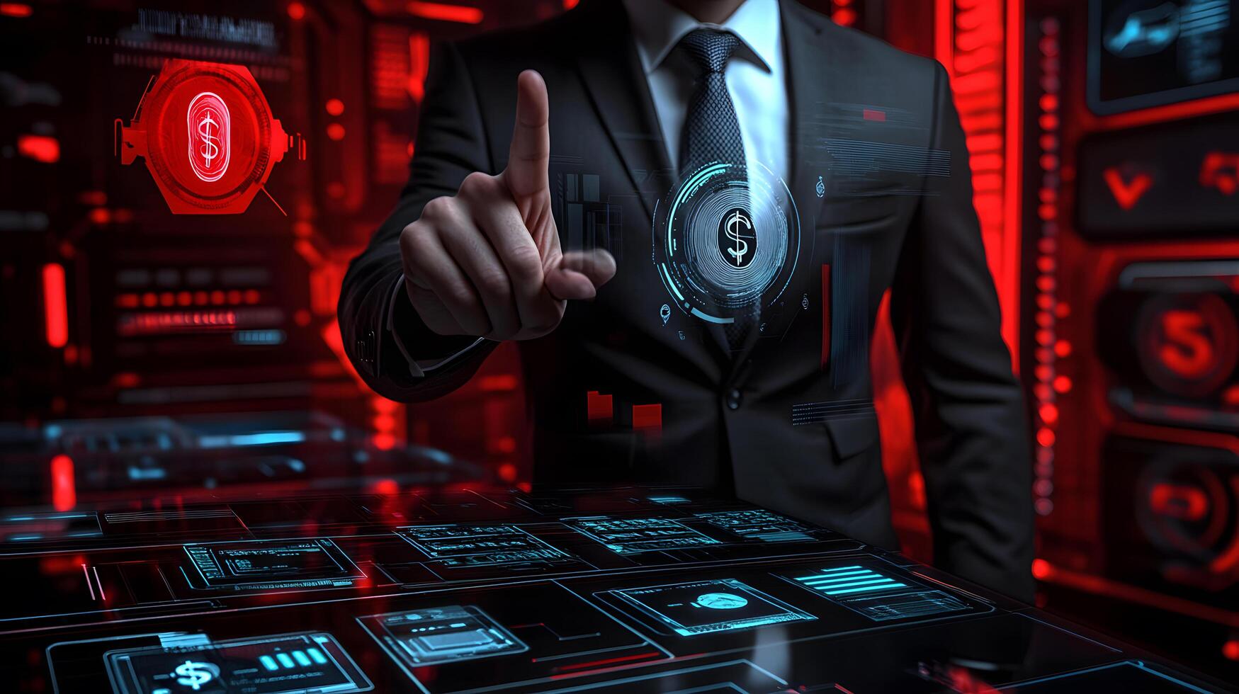 Futuristic Finance Businessman Interacting with Digital Dollar Interface in a HighTech Environment photo