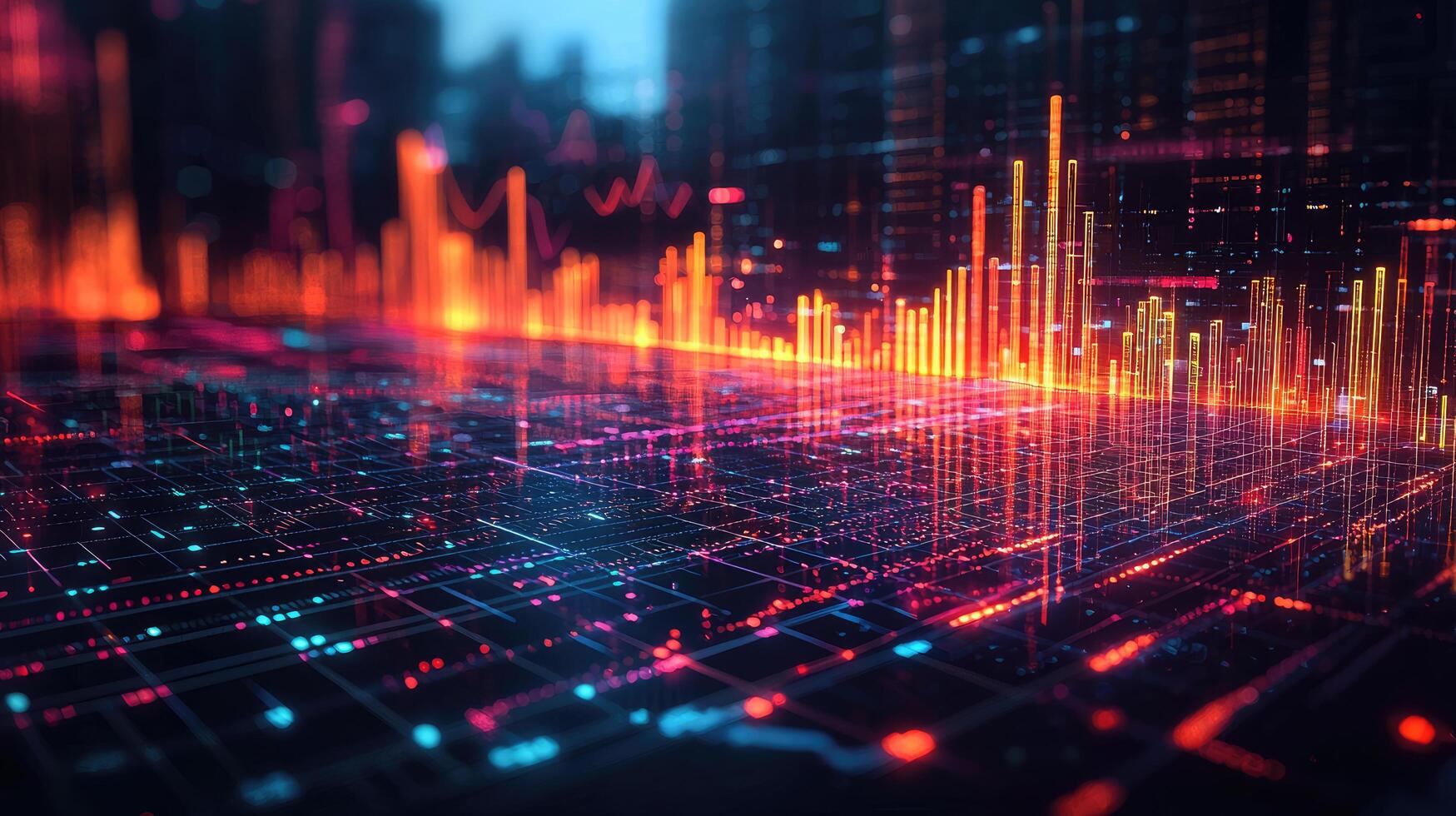Futuristic Finance Visualization Glowing Stock Market Chart with Data Streams and Information Overload on Digital Grid. photo