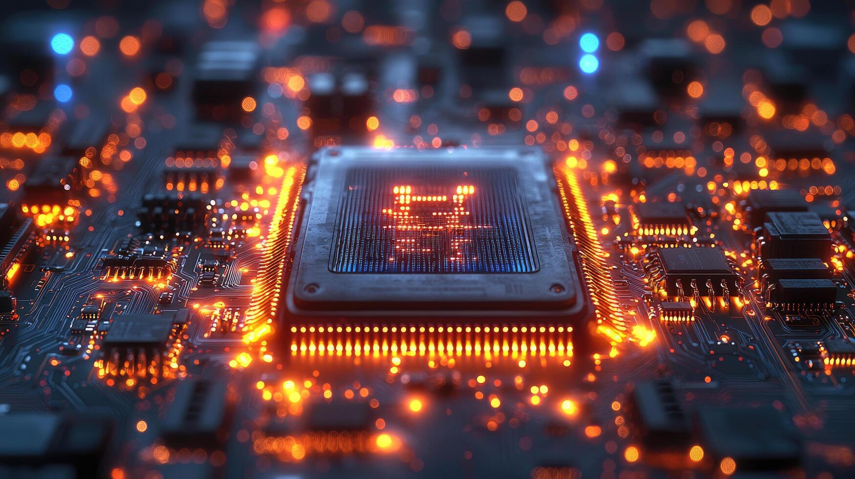 Futuristic Motherboard Circuitry with Glowing Connections, Processor Core Technology, and Advanced Computing System in Deep Hues photo