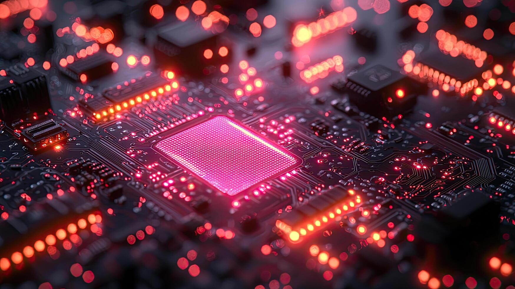 Futuristic Motherboard with Glowing Pink Central Processor Unit, Technology, Computing, AI, Circuitry, and Artificial Intelligence photo