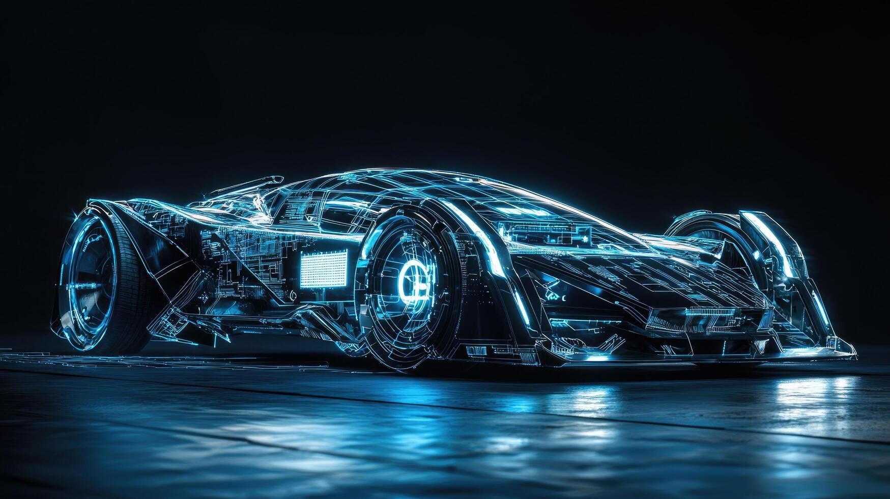 Futuristic Neon Car Concept Design Digital Rendering of Sleek Vehicle with Illuminated Wireframe on Dark Background photo
