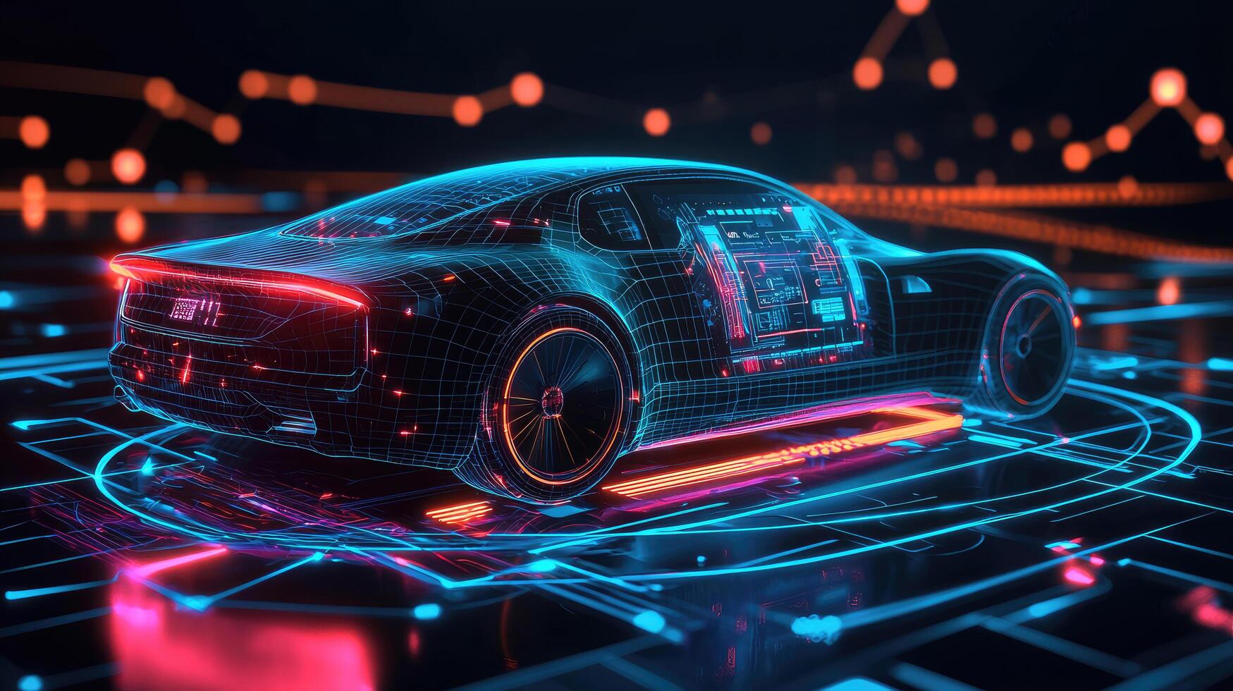 Futuristic Neon Car Design with Cyberpunk Aesthetics, Glowing Grid, and Innovative Technology on Dark Background photo