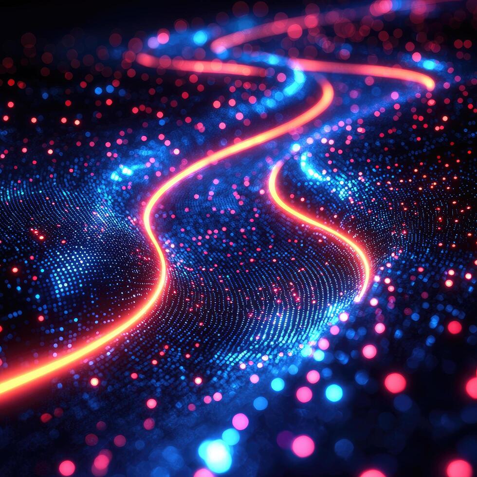 Futuristic Neon Flow Abstract Red Pathway with Blue Data Points and Dark Background photo