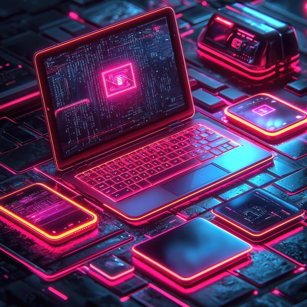 Futuristic Neon Laptop, Phones, and Circuitry TechForward Design Concept with Glowing Pink and Blue Accents photo