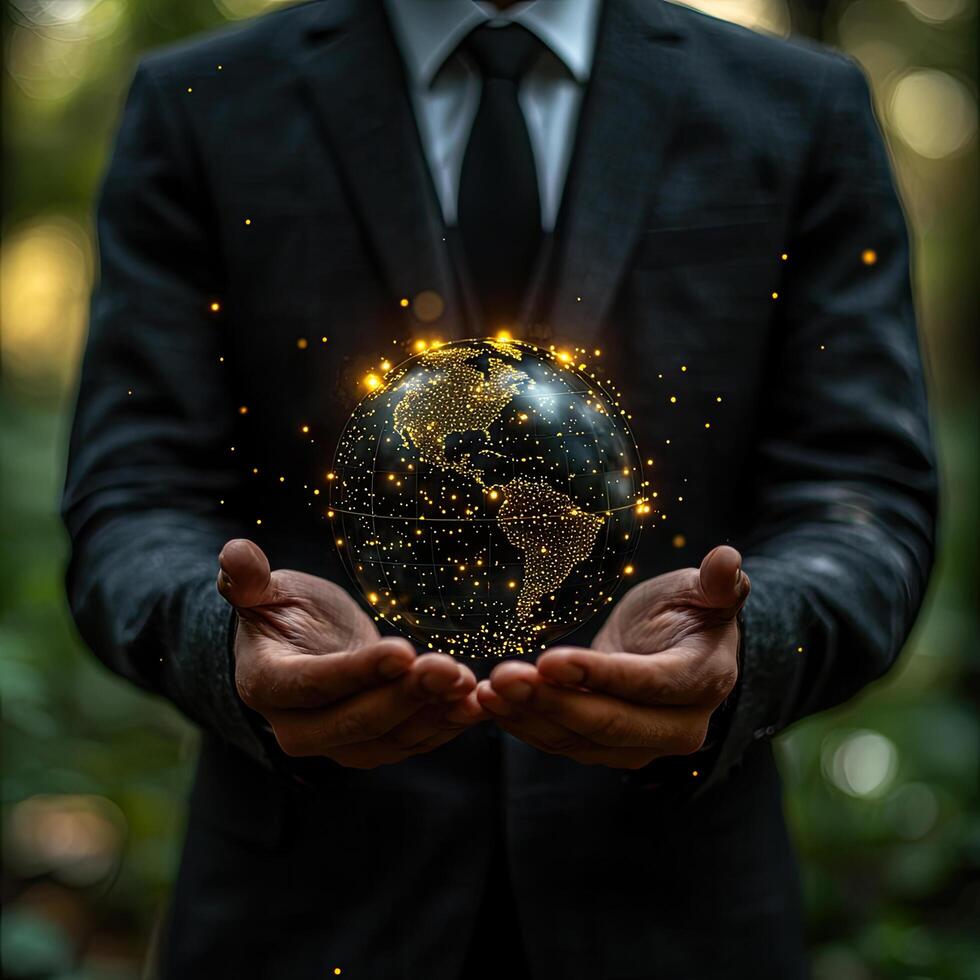 Global Business Network Businessman Holding a Glowing Earth Globe Amidst Nature with Technology Integration photo