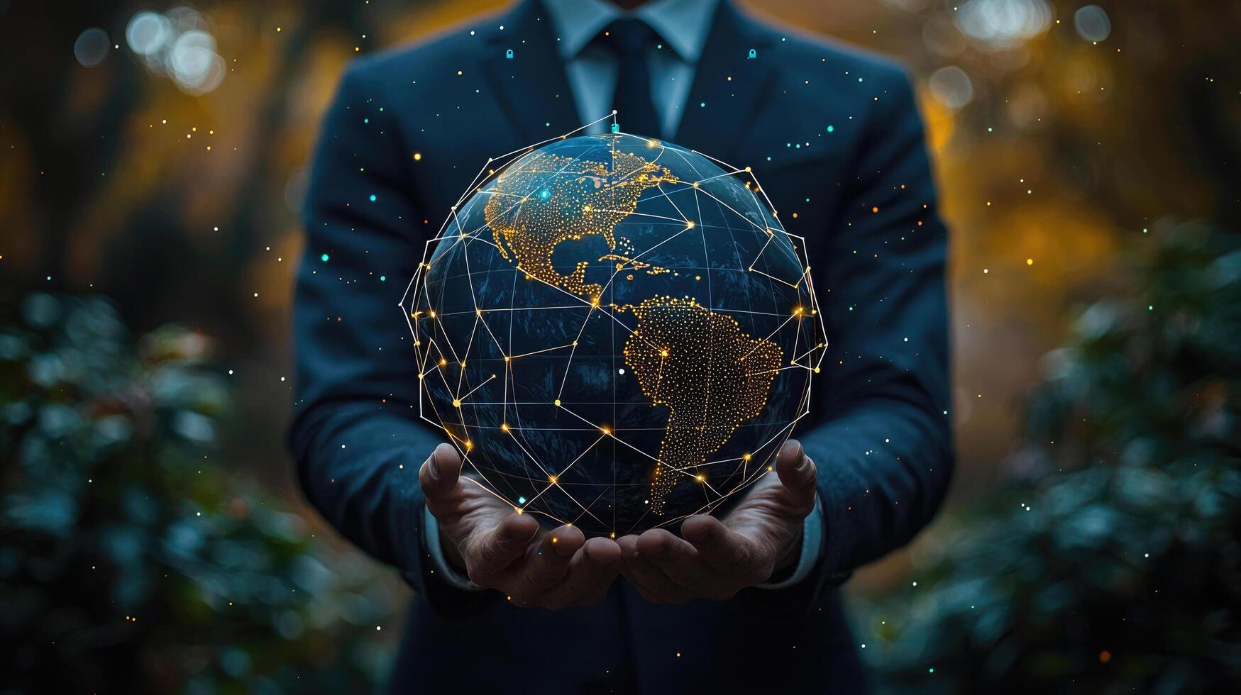 Global Business Network Man Holds a Digital Globe with Interconnected Lines, Representing Worldwide Connectivity and Innovation. photo