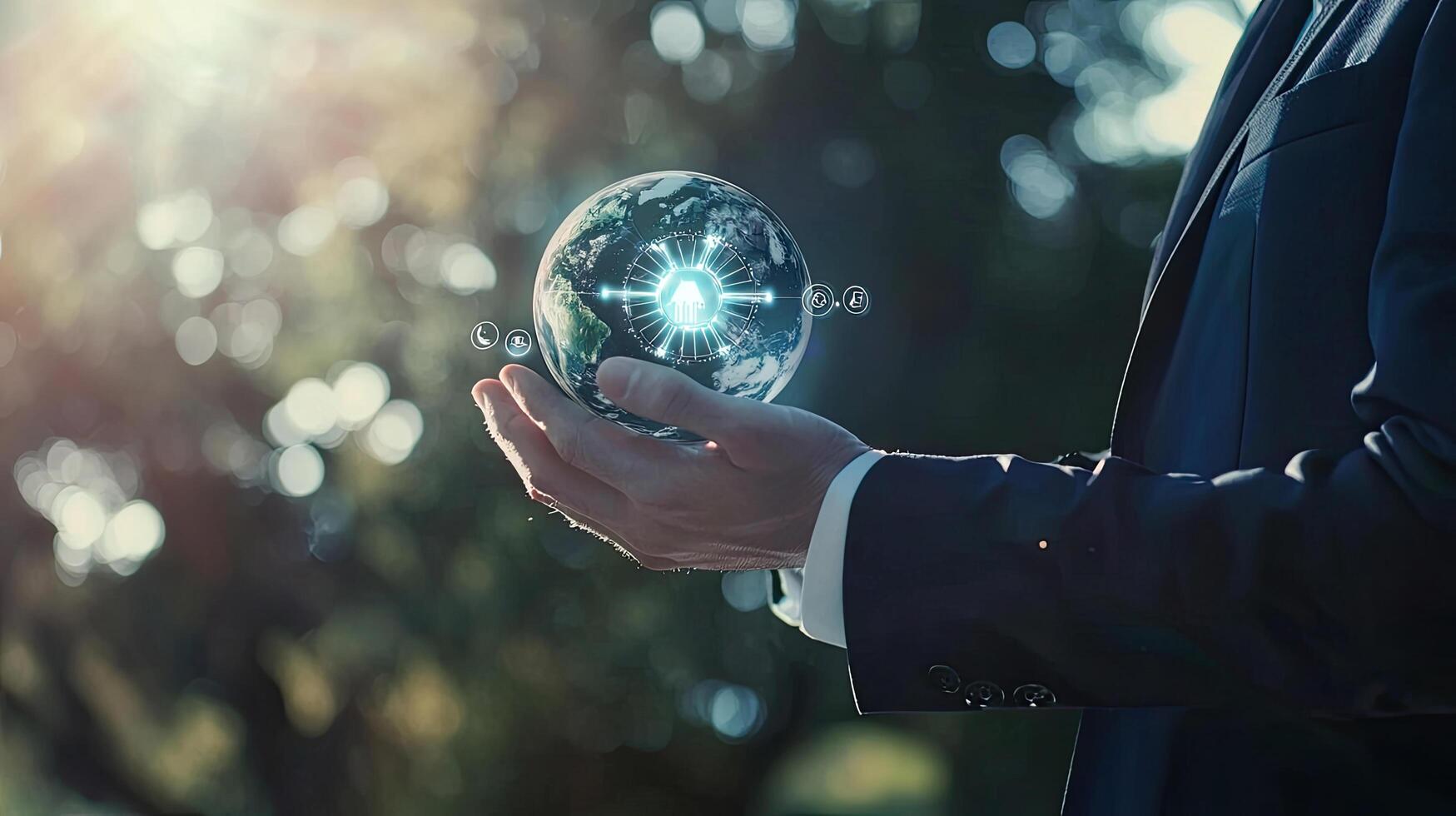 Global Business Technology Man Holding Earth Globe with Digital Icons, Sustainable Innovation, Future Connection photo
