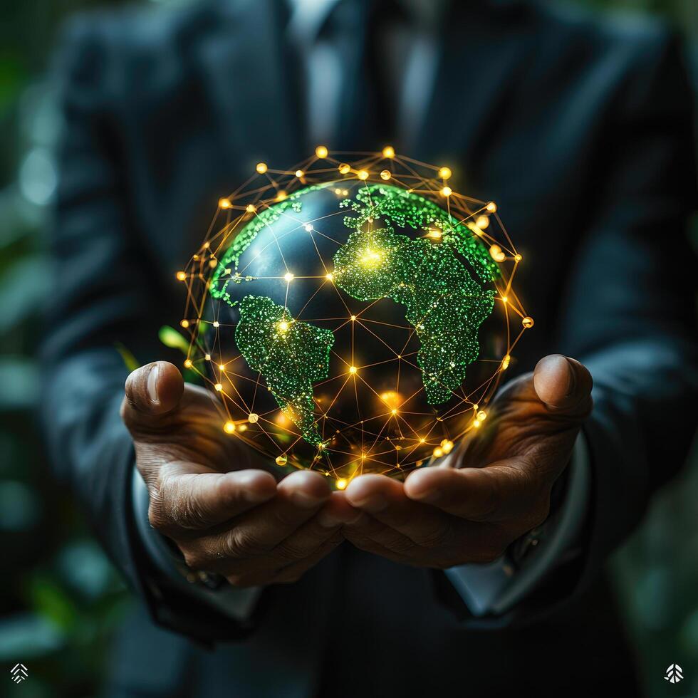 Global Connectivity and Sustainability Man Holding Green World with Digital Network in Hands, Global Business, Technology photo