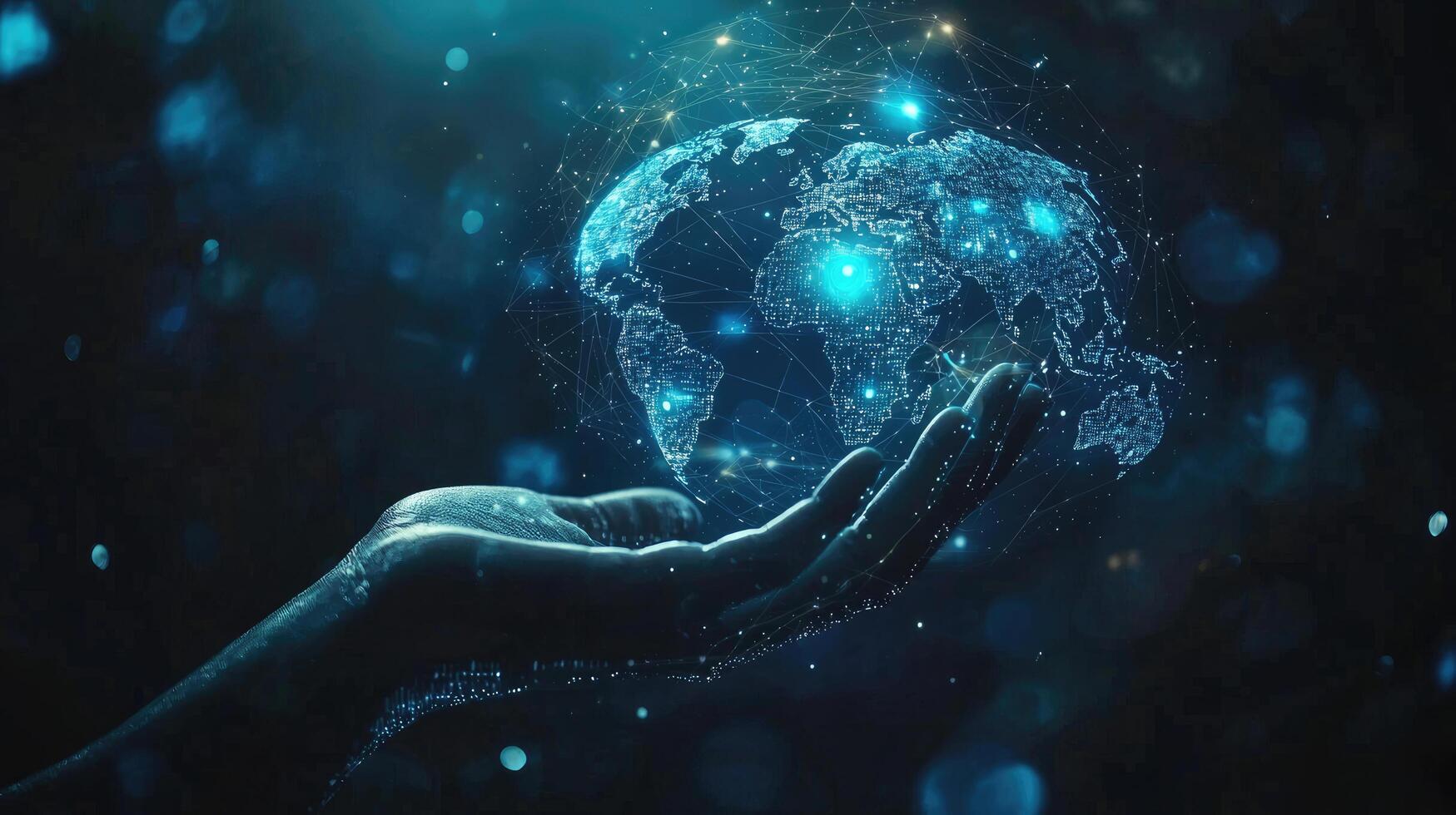 Global Connectivity Hand Holding Earth with Digital Network, Future Technology and Worldwide Communication Concept photo