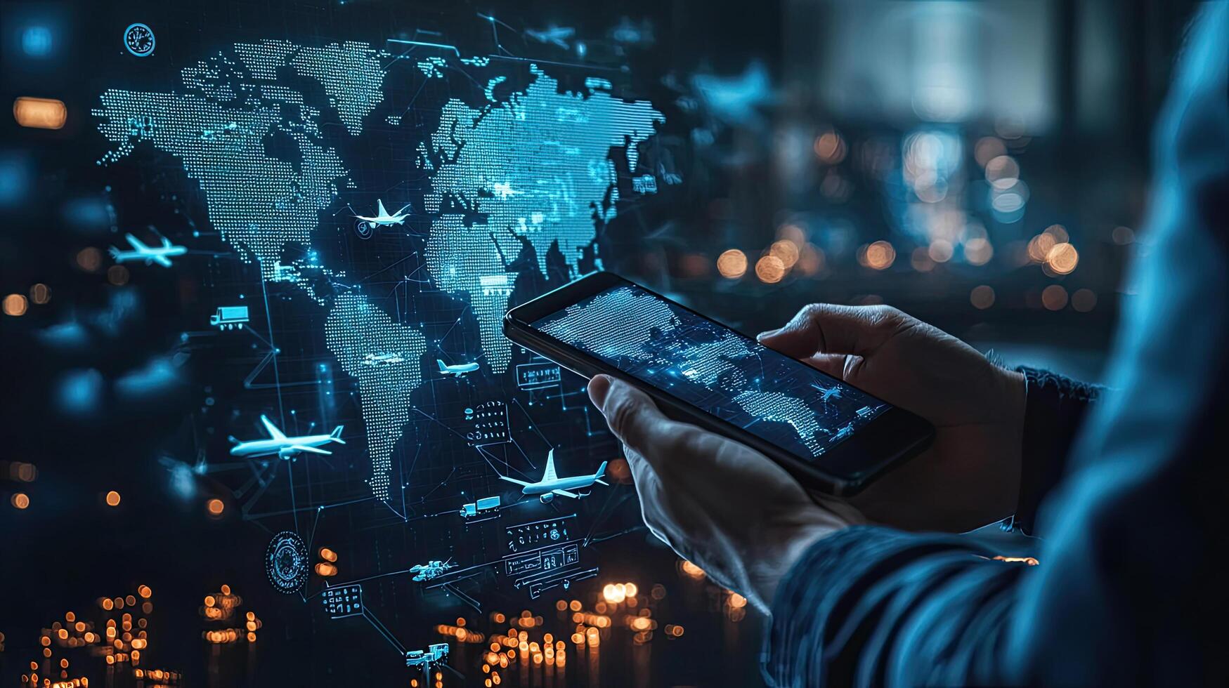 Global Logistics Tracking App on Mobile with World Map, Airplane Icons, and Supply Chain Network Connections. photo