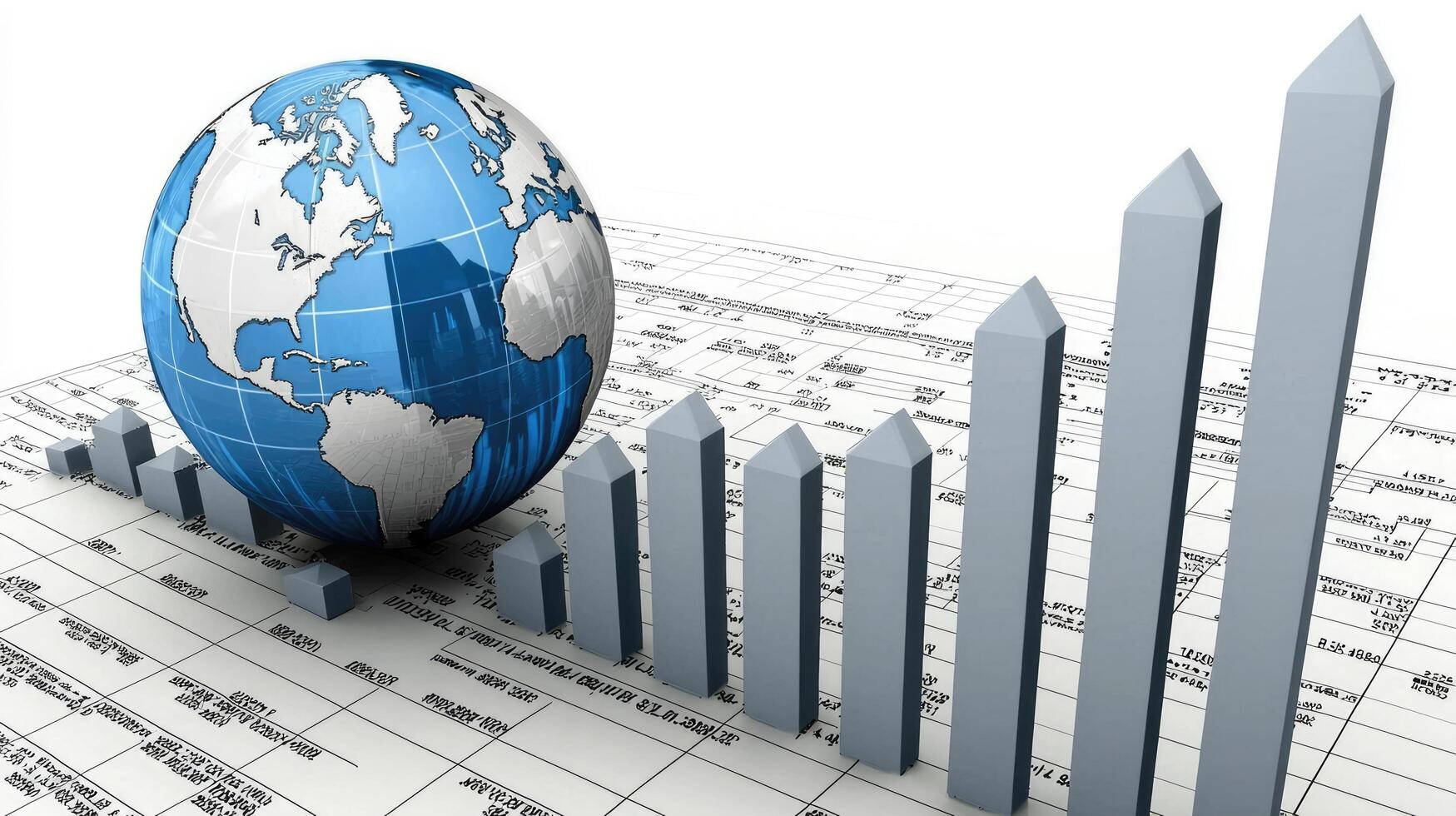 Global Market Growth A Conceptual Featuring a Globe and Rising Bar Graphs on Data Sheet. photo
