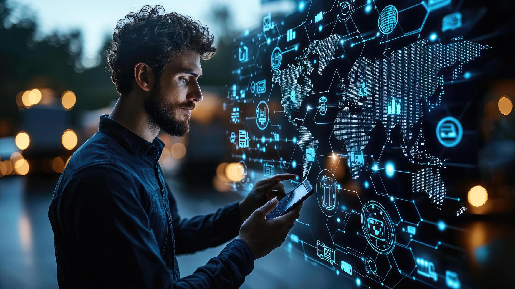 Global Network and Technology Connectivity A Businessman Navigating a Digital World Map on a Smartphone photo
