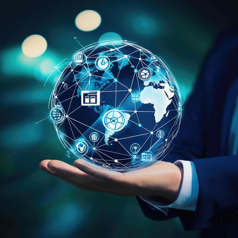 Global Network Concept with Businessman Holding Digital Earth Globe Displaying Worldwide Communication and Connectivity Icons photo