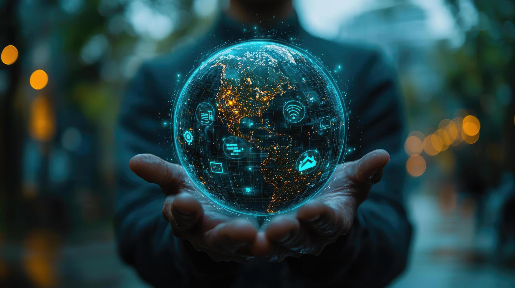 Global Network Connection A Man Holds Digital Earth Displaying Data, Technology, and Communication Icons photo
