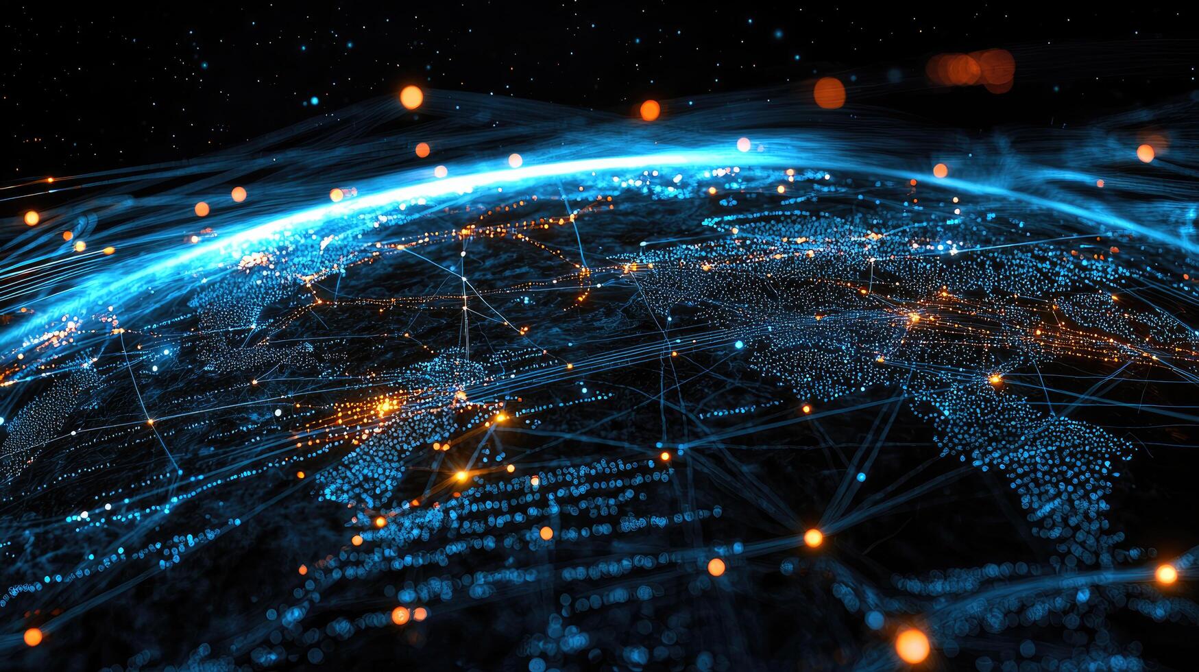 Global Network Connection Abstract World Map with Digital Data Flow and Bright Nodes for Communication and Technology. photo