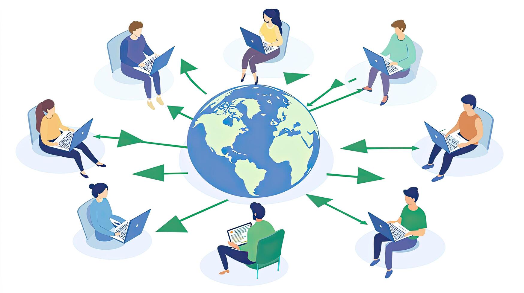 Global Network Connection Concept People Connecting Worldwide with Laptops and Earth Globe Surrounded by Arrows photo