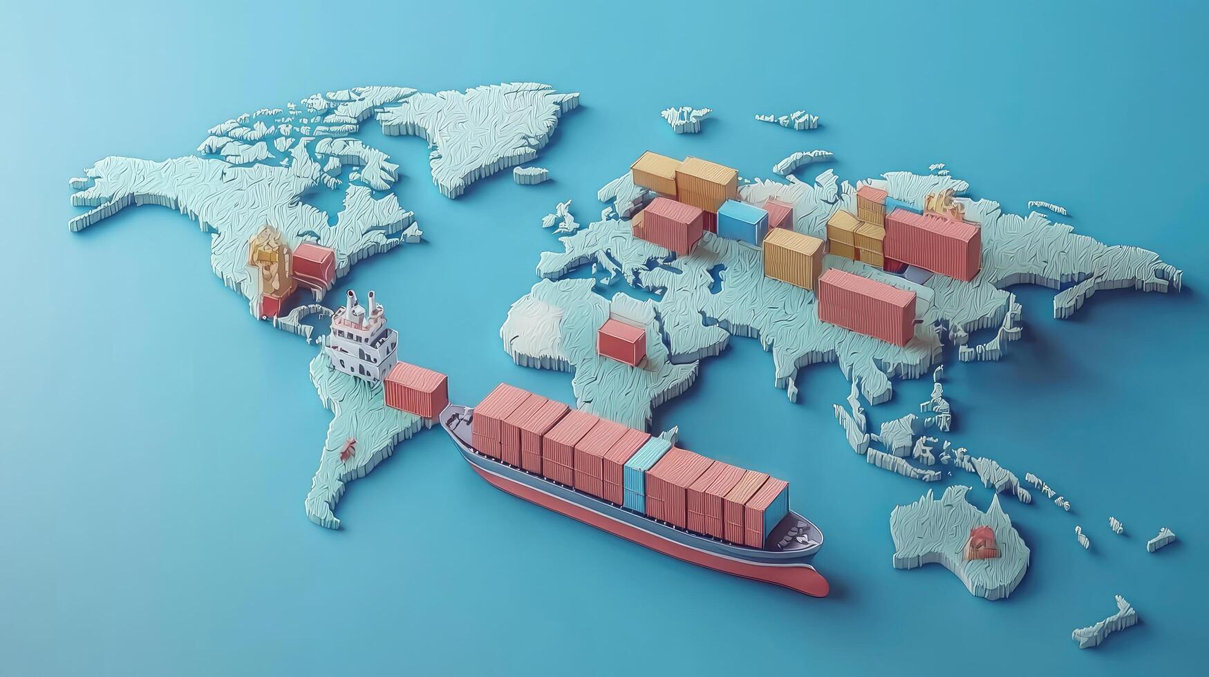 Global Trade Network Cargo Ship, Shipping Containers, and World Map Illustrating International Logistics on Light Blue Background photo