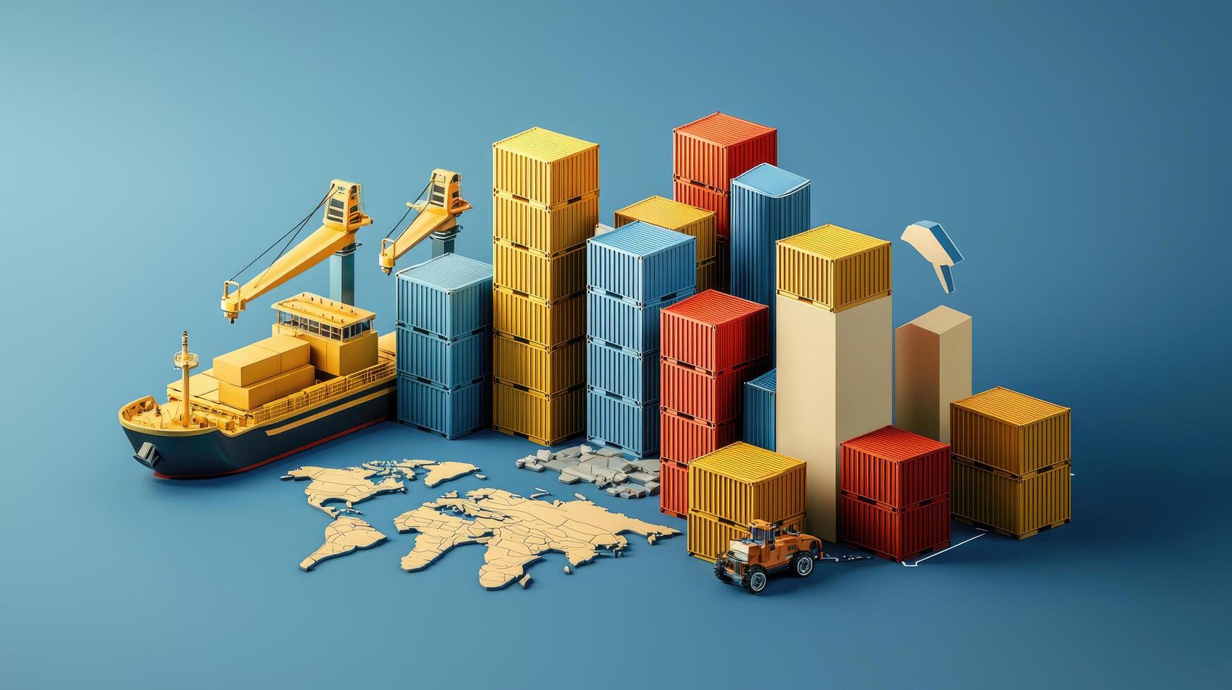 Global Trade Network Visualization Cargo Ship, Shipping Containers, World Map, and Logistics Vehicles Concept on Blue Backdrop photo