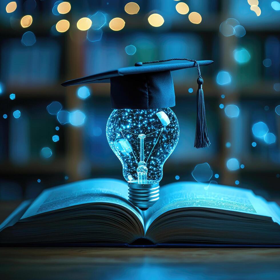 Glowing Idea Light Bulb Inside Graduation Cap Resting on Open Book Symbolizing Knowledge and Education. photo