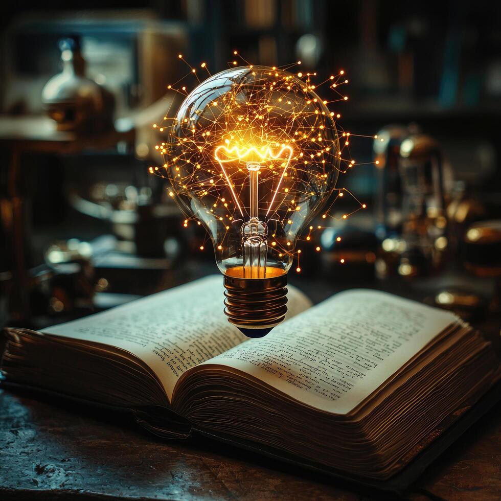 Glowing Light Bulb on Open Book Knowledge, Inspiration, and Ideas Concept in Dark Academia Aesthetic photo