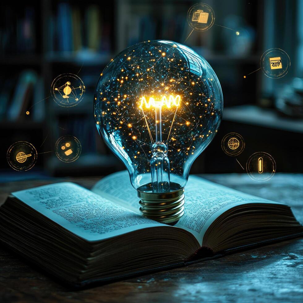 Glowing Light Bulb on Open Book Knowledge, Inspiration, Innovation, and Technology for Education in Library. photo