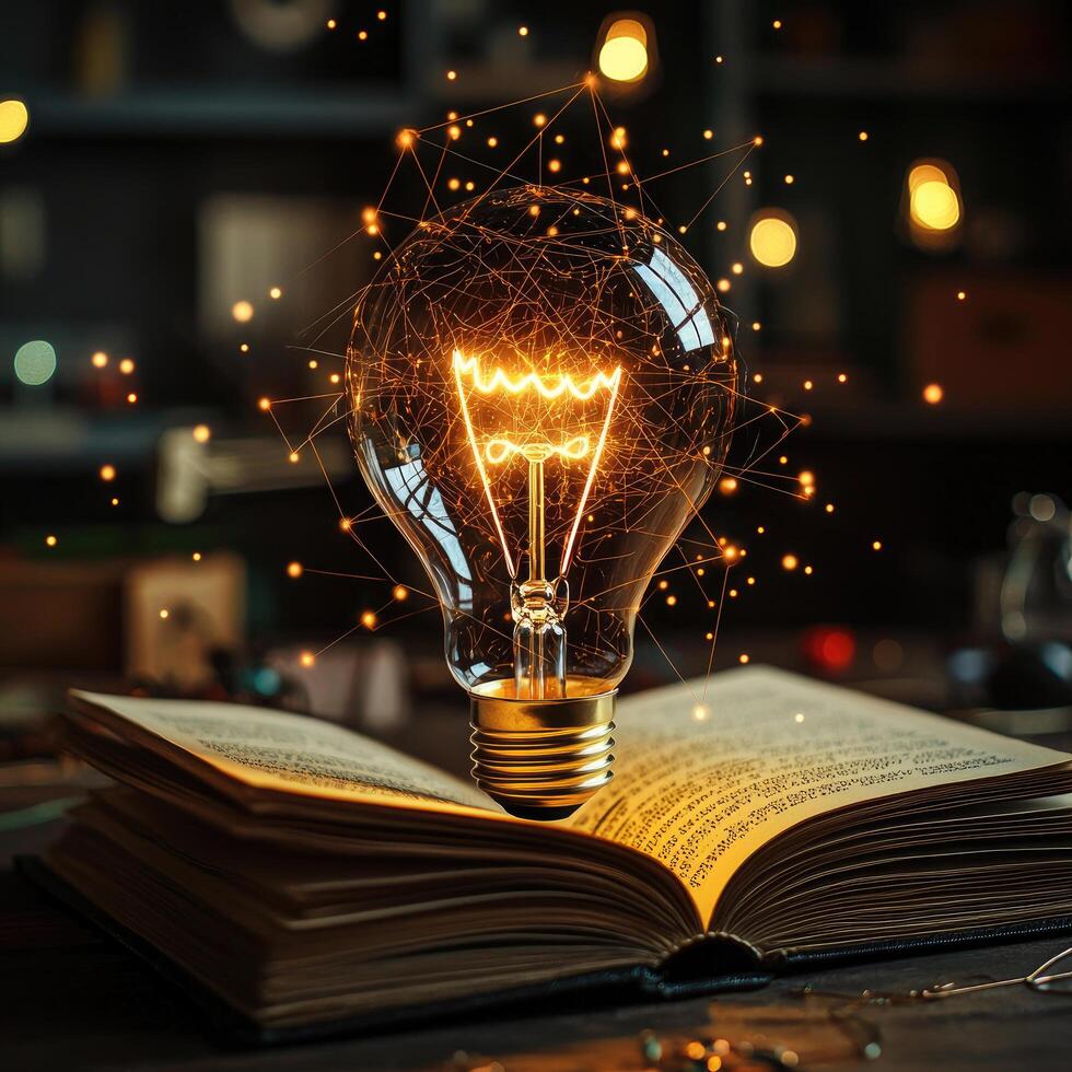 Glowing Lightbulb Idea Above Antique Book Concept for Learning, Innovation, Education, and Future Technology photo