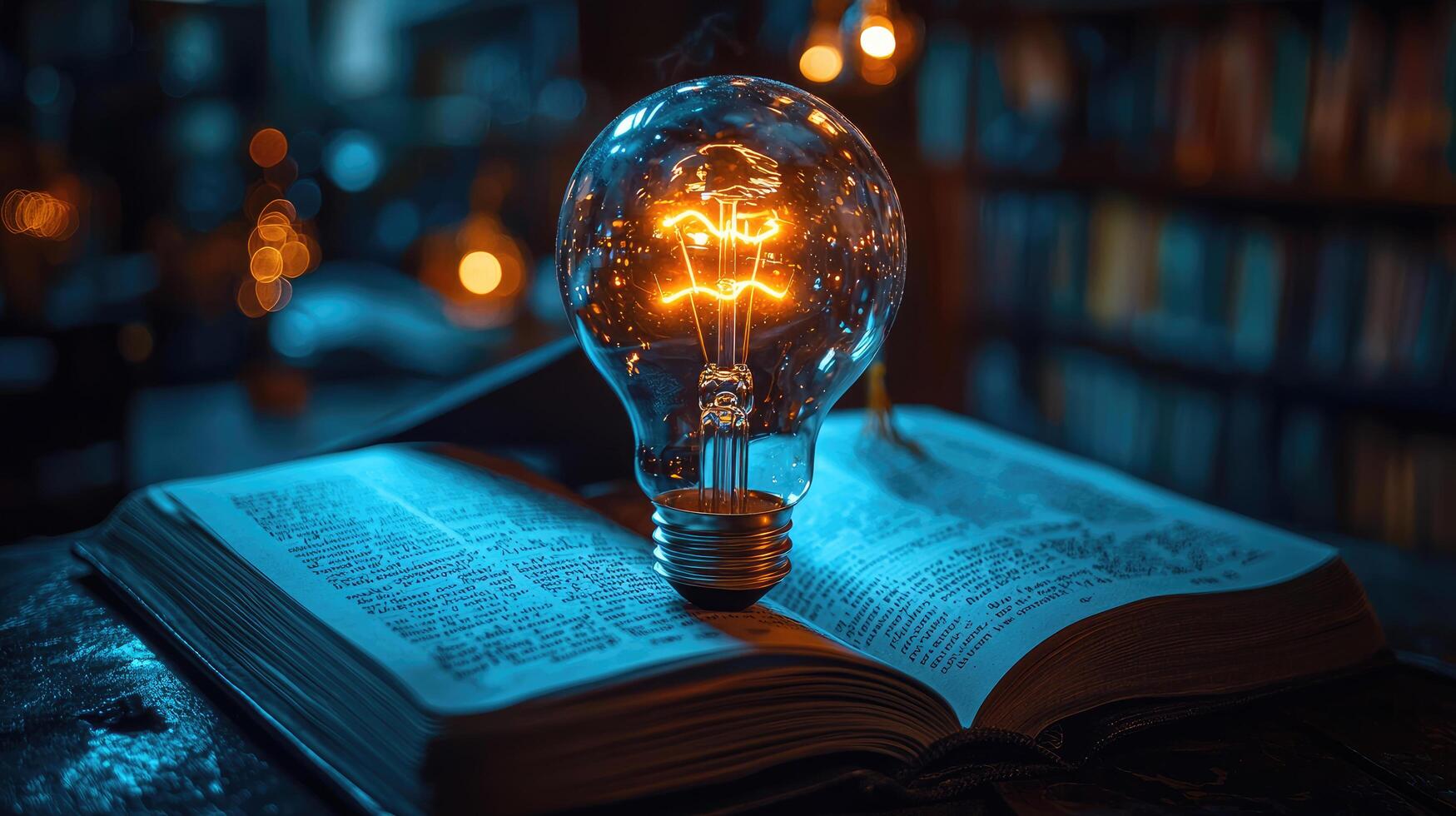 Glowing Lightbulb on Open Antique Book Symbolizing Knowledge, Ideas, Education, and Illumination in a Library Setting photo