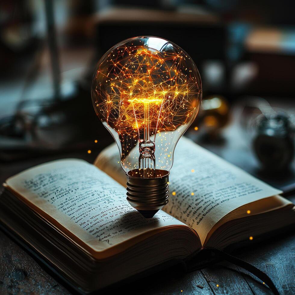 Glowing Lightbulb on Open Book Symbolizing Inspiration, Knowledge, and Innovative Ideas for Education and Business. photo
