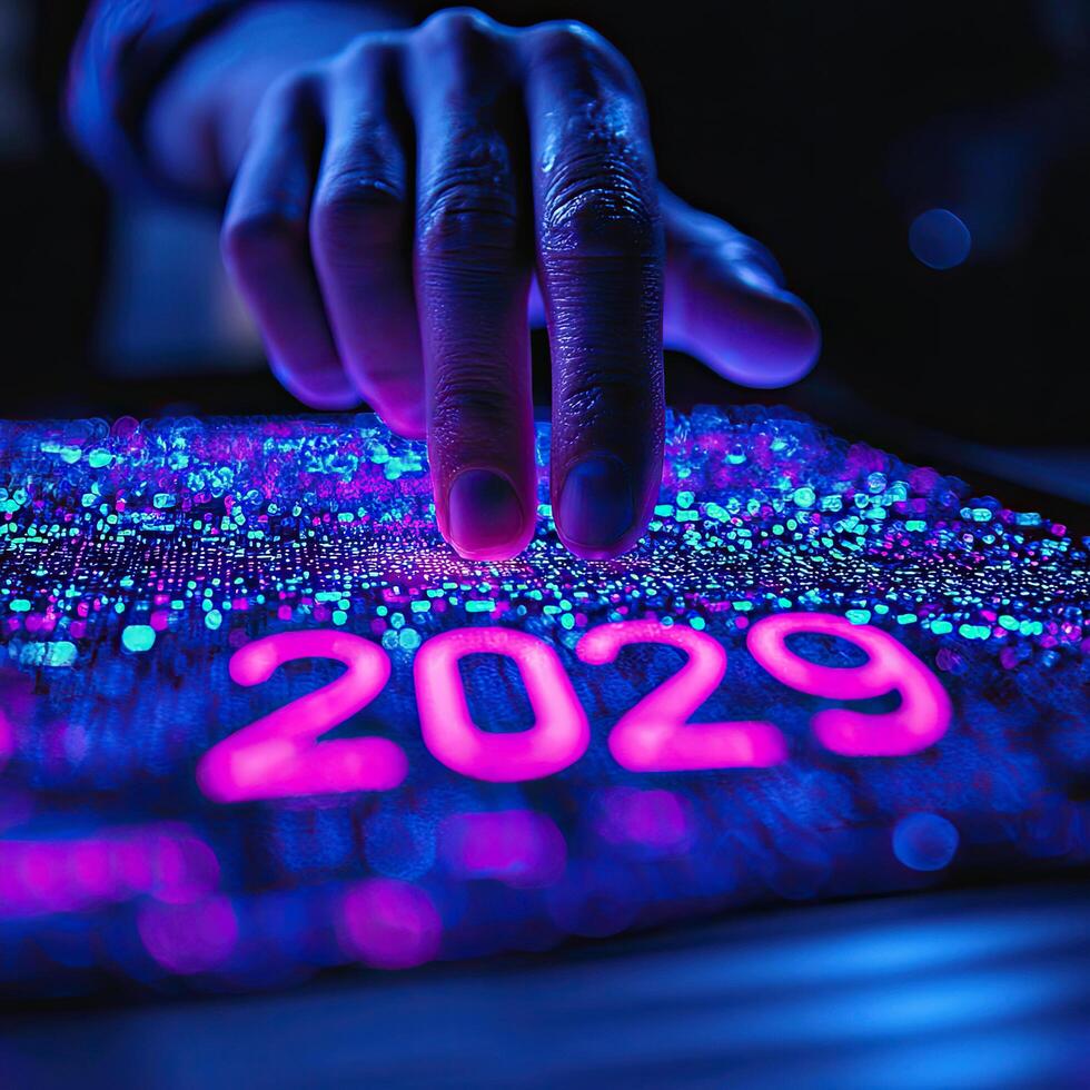 Glowing Neon 2029 Year on a Futuristic Data Stream with Hand Touching Interface, Artificial Intelligence Concept photo