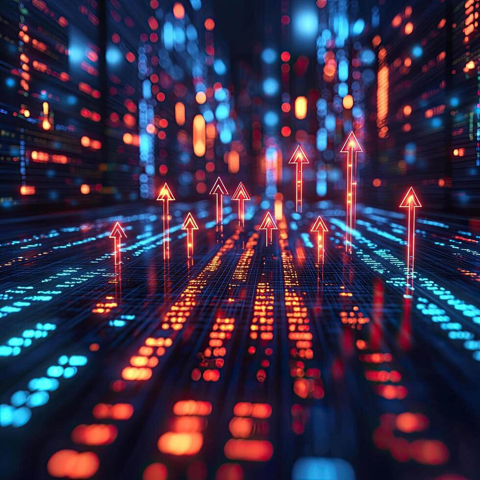 Glowing Red Arrows Indicate Upward Trends on a Digital Grid, Symbolizing Growth and Success photo