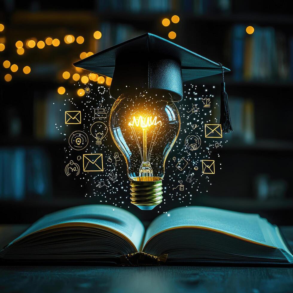 Graduation Cap on Open Book with Lightbulb Idea and Floating Icons Knowledge and Education Concept photo