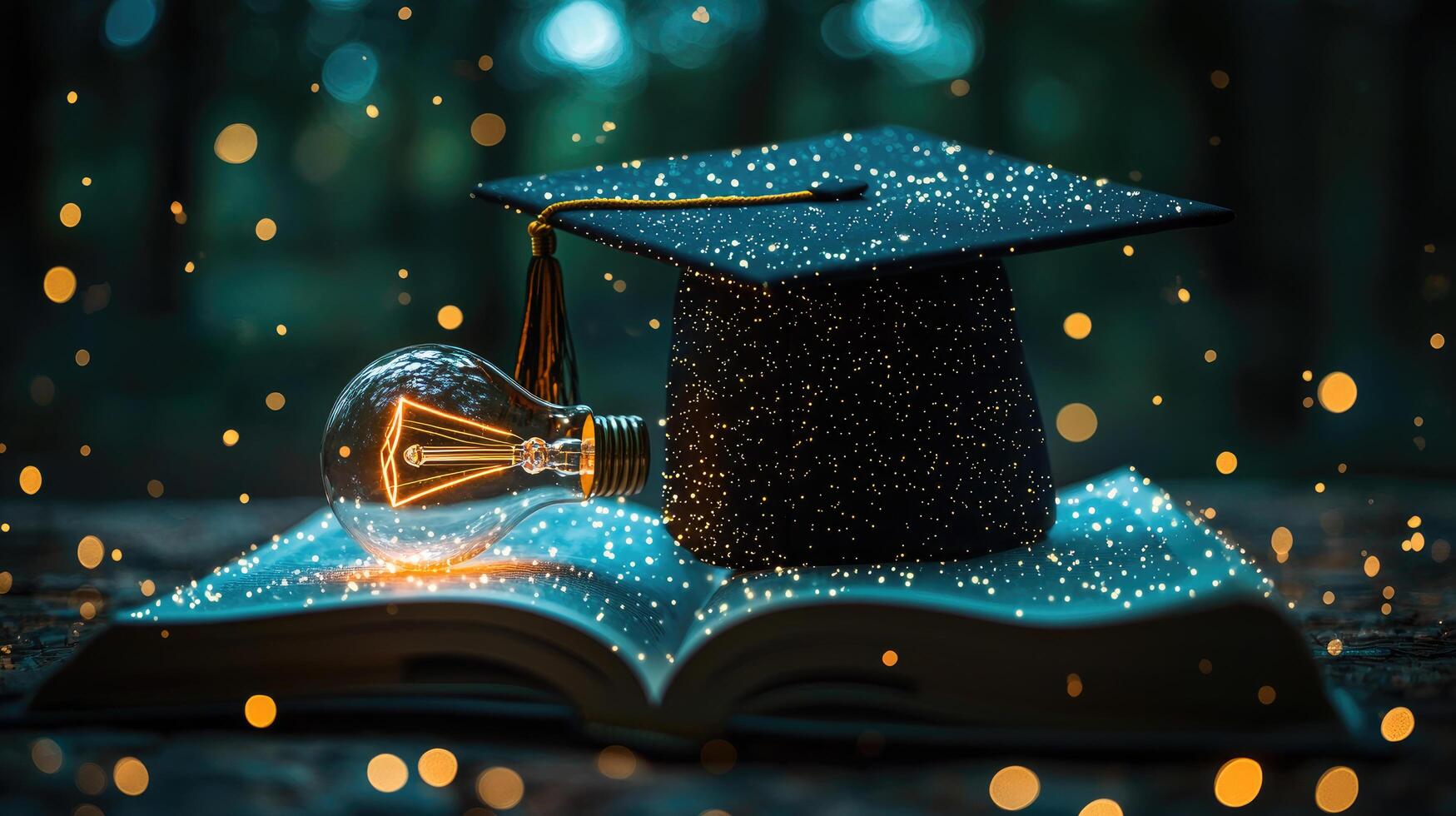 Graduation Cap, Light Bulb, and Open Book Symbolizing Knowledge, Education, Ideas, and Academic Achievement photo