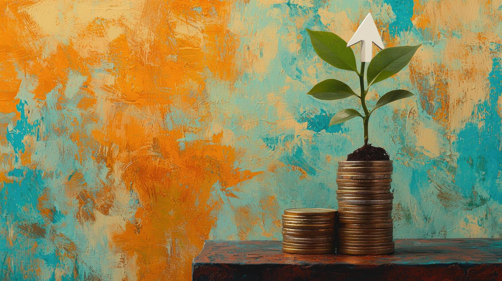 Growing Investment Sapling on Coins with Arrow Sign on Artistic Textured Background, Financial Growth and Success. photo